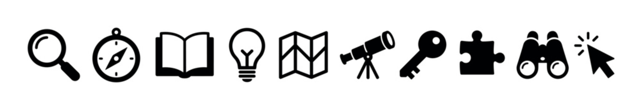 Collection of black silhouette icons representing discovery, exploration, and knowledge concepts for problem-solving and navigation.