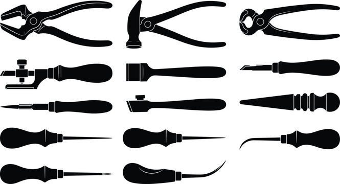 Set of vintage leather craft hand tool silhouettes including pliers cobbler hammer awl slicker beveler and cutter on white background
