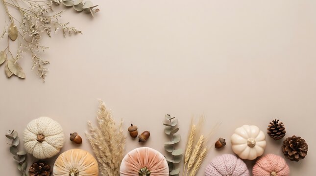 Autumn flat lay with velvet pumpkins, pinecones, and dried foliage