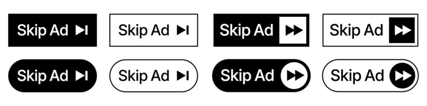Skip Ad Button Vector Set, Video Player Interface Skip Advertisement Icon Collection