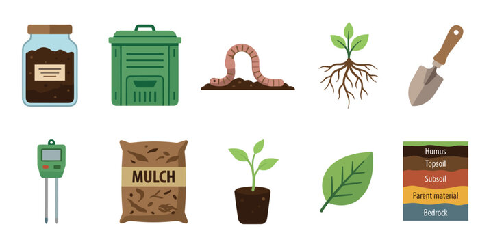 Gardening elements, soil components, and plant care items are illustrated in a detailed collection, perfect for horticulture education and sustainable practices.