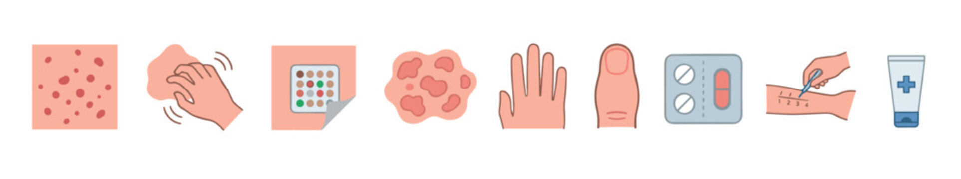Skin allergy and dermatology medical icons illustrate various symptoms, diagnostic tests, and treatment options for common skin conditions.
