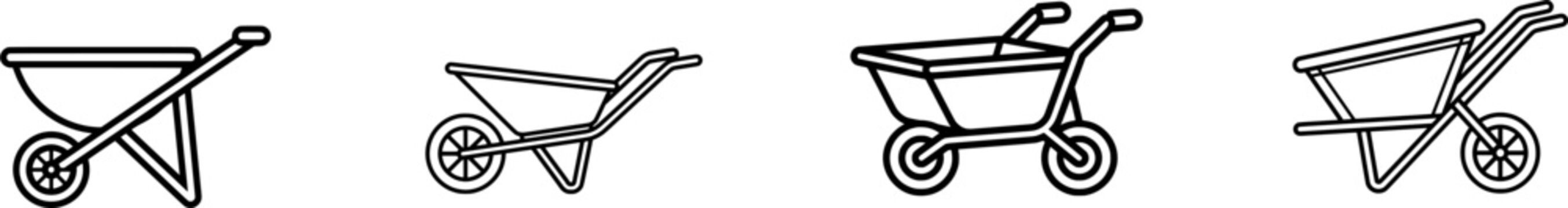 A minimalist black wheelbarrow icon with a thick uniform line design is isolated on a pure white background, showcasing its simplicity and functionality in gardening tasks