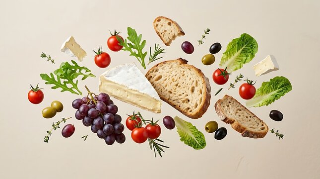 Various fresh ingredients fly in mid-air against a plain background. Ideal for a healthy eating and balanced lifestyle.