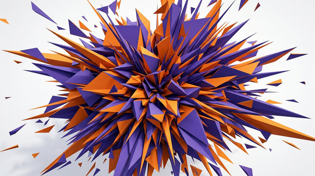 A vibrant 3D abstract explosion of sharp orange and purple geometric shards radiates from the center against a clean white background.