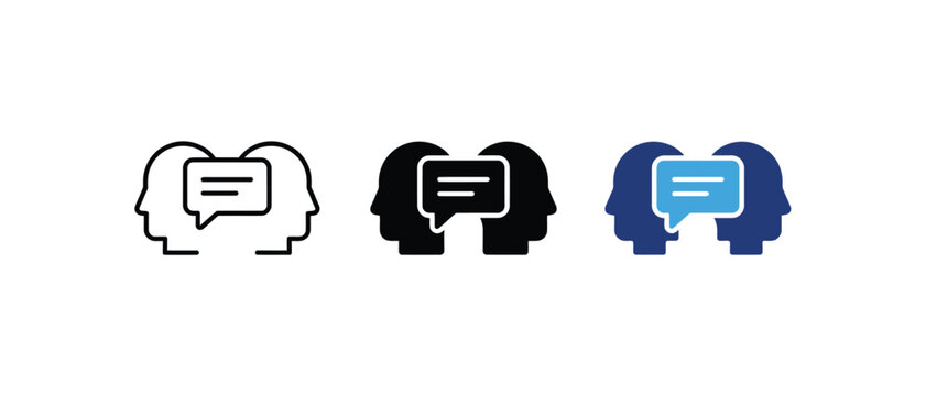 Head communication icon, two people dialogue symbol, thinking speech bubble sign, psychology mind exchange graphic. Vector illustration