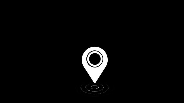 GPS Location Map Pin Pointer Animation with Radio Waves; 4K Motion Graphic Video of Route Navigation Icons and Point of Interest Markers on Black Background with Alpha Channel