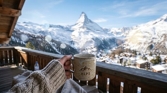 A cozy hand holds a coffee mug on a balcony overlooking snowy Swiss Alps. Perfect for winter travel or mountain.