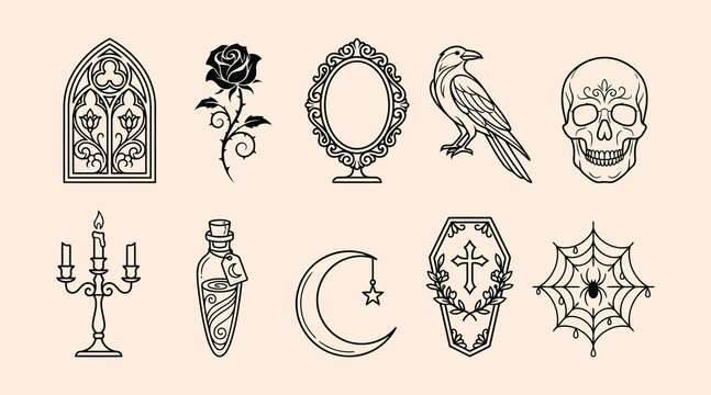 Collection of gothic and macabre illustrative elements including a rose skull raven coffin moon spiderweb and candle holder for dark themed designs