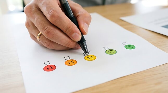 A hand marks a neutral smiley face on a customer satisfaction survey. Represents service quality feedback and business.