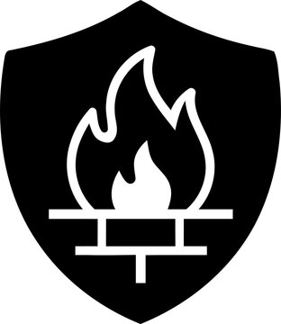 Firewall shield icon with flame and brick wall symbol isolated on transparent background