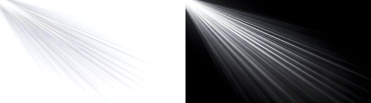 White light beam streaks shining diagonally with sharp linear rays creating a spotlight effect with PNG, Transparent and Black Background Versions for cinematic technology designs use