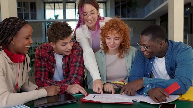 Multiethnic group of students collaborating on a university project together