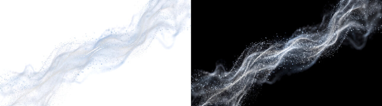 Smoke flowing white wispy particle wave for creative overlays featuring PNG, Transparent and Black Background Versions for design
