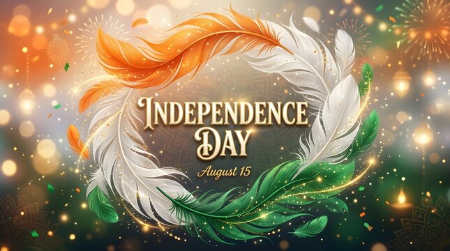 Indian independence day celebration feathers fireworks and festive design