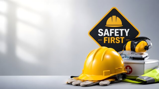Occupational health and safety equipment collection featuring yellow hard hat, first aid kit, goggles, and safety first sign for industrial workplace protection