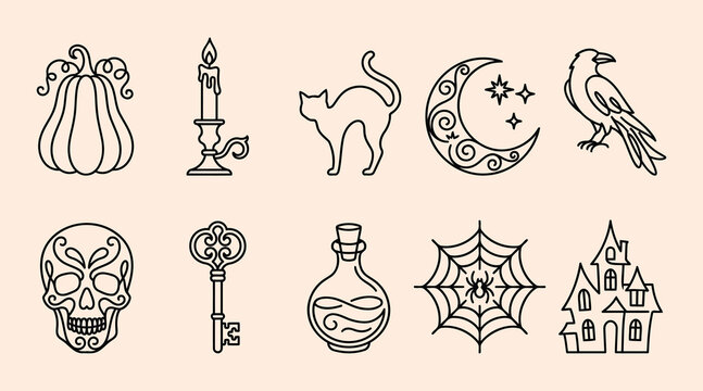 Collection of simple line art illustrations for Halloween including a pumpkin candle cat crescent moon raven skull key potion bottle spiderweb and haunted house perfect for graphic resources