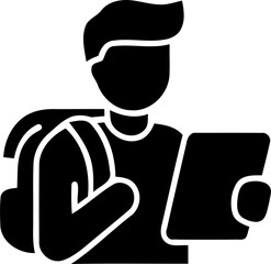 Student with backpack reading from a digital tablet icon isolated on transparent background