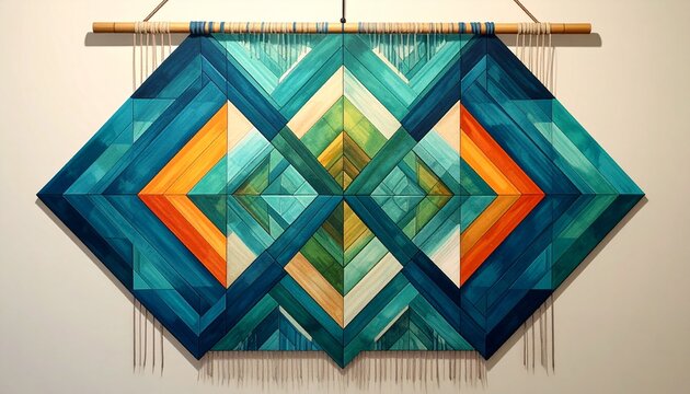 Colorful geometric quilt pattern with diamond shapes and borders.