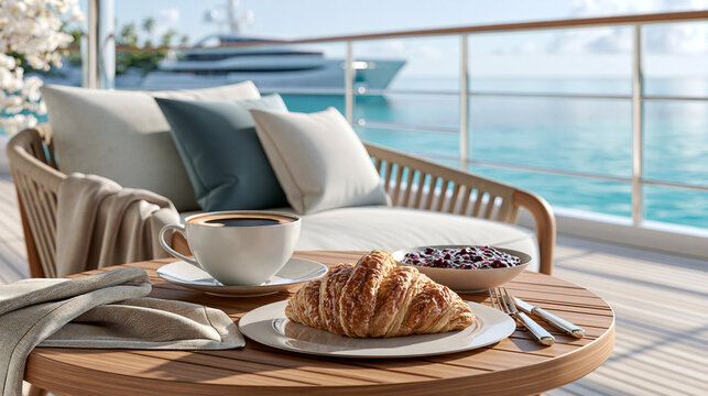 Seaside Breakfast Bliss: A delightful breakfast spread of coffee, croissant, and berries awaits on a wooden table on a balcony, with a luxurious yacht docked in the turquoise ocean under a clear sky.