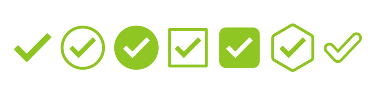 Green check mark icon set, 7 vector validation symbols in circles and squares, lime green tick marks for success and approval confirmation