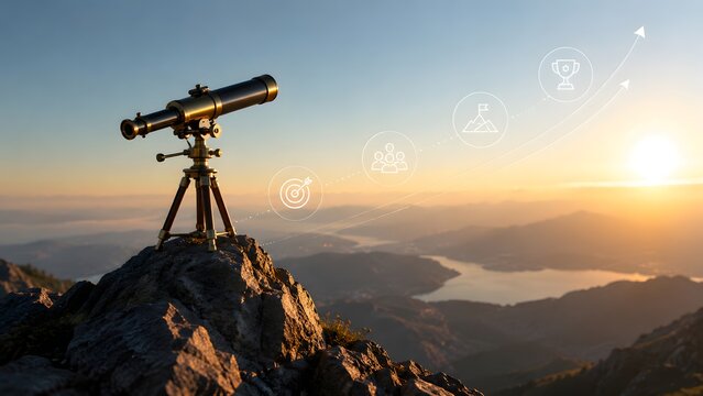 Business vision and strategic forecasting concept showing telescope on mountain peak pointing towards rising success indicators and future growth milestones