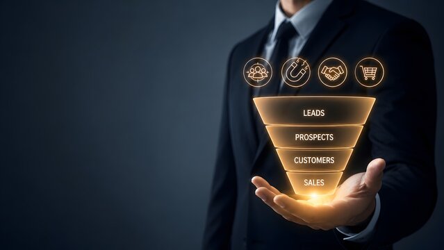 Digital marketing sales funnel concept with businessman holding glowing hologram showing lead generation to customer conversion process