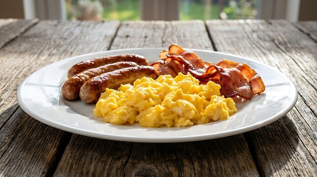 A plate of breakfast with sausages, bacon, and scrambled eggs. This is perfect for hospitality and food advertisement.