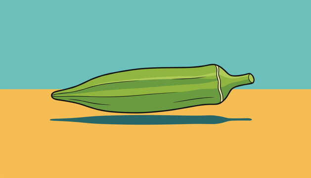 Stylized green okra pod floats above a bright orange surface against a teal background in a minimalist graphic.
