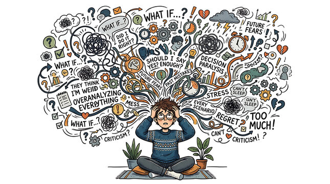 Overwhelmed person with many thoughts and anxieties in their head.