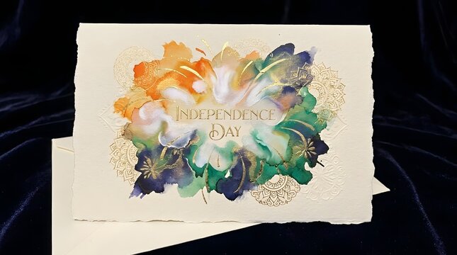 Watercolor independence day card with gold foil accents and floral design