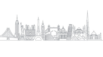 Fototapeta premium Global Landmarks Skyline Silhouette - Iconic Landmarks of the World - Outline Art