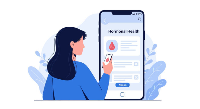 Woman Tracking Hormonal Health with Mobile App Illustration - Femtech and Period Tracking Concept Vector