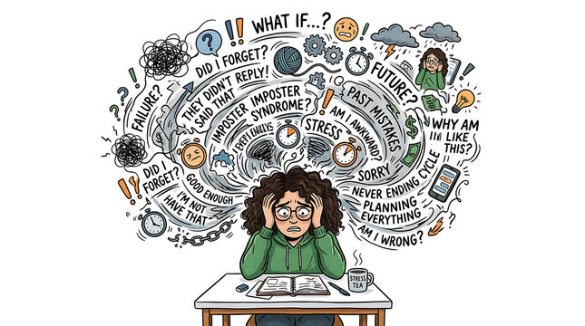 Woman overwhelmed by thoughts of stress and imposter syndrome while studying.