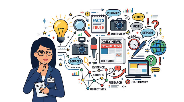 Woman thinking about news and information with icons representing research and facts.