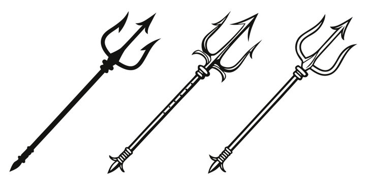 Three black tridents with ornate prongs, isolated on white spear spears