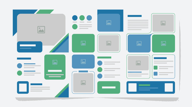 Blue and green multi-page catalog magazine layout template.