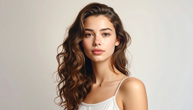 Portrait of a young woman with long, wavy brown hair, wearing a white tank top, on a plain background. She has a serene expression