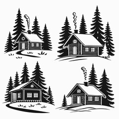 Obraz premium Winter cabins with pine trees silhouettes, black and white set snow