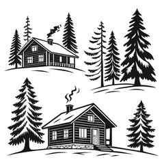 Obraz premium Winter cabins with pine trees silhouettes, minimalist black and white