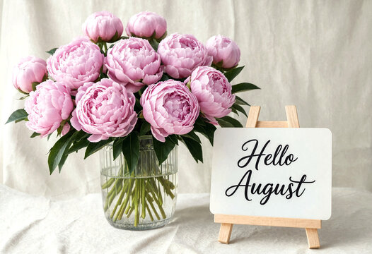 Beautiful pink peony flowers in a clear glass vase with hello august signboard greeting