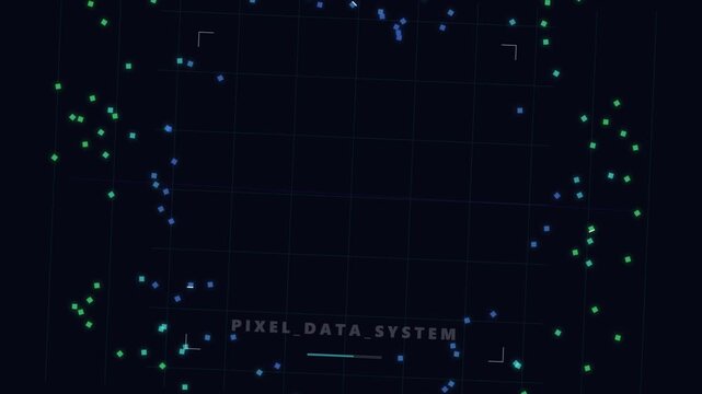 Abstract digital data visualization with dispersing blue and green pixels