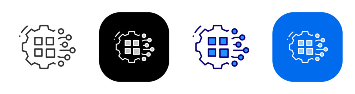 Gear with app modules for system configuration workflow and process control. Line, filled, black, color set. Editable stroke