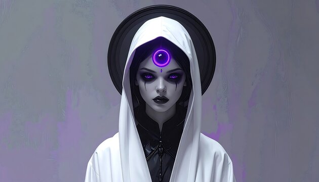 Portrait of a mysterious figure, hooded, with glowing eye, surrounded by a halo-like ring. Foreboding expression