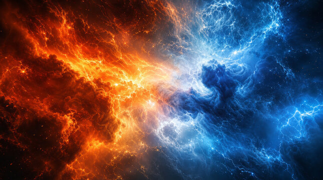 Nebula clouds swirl in a massive cosmic collision of vibrant orange fire and cool blue ice representing the fundamental forces of the universe.