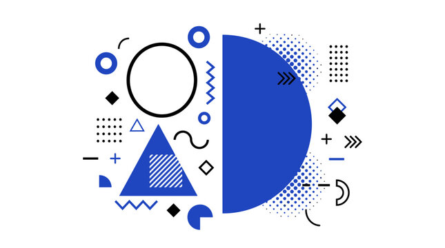 Abstract composition with blue half-circle and geometric shapes.