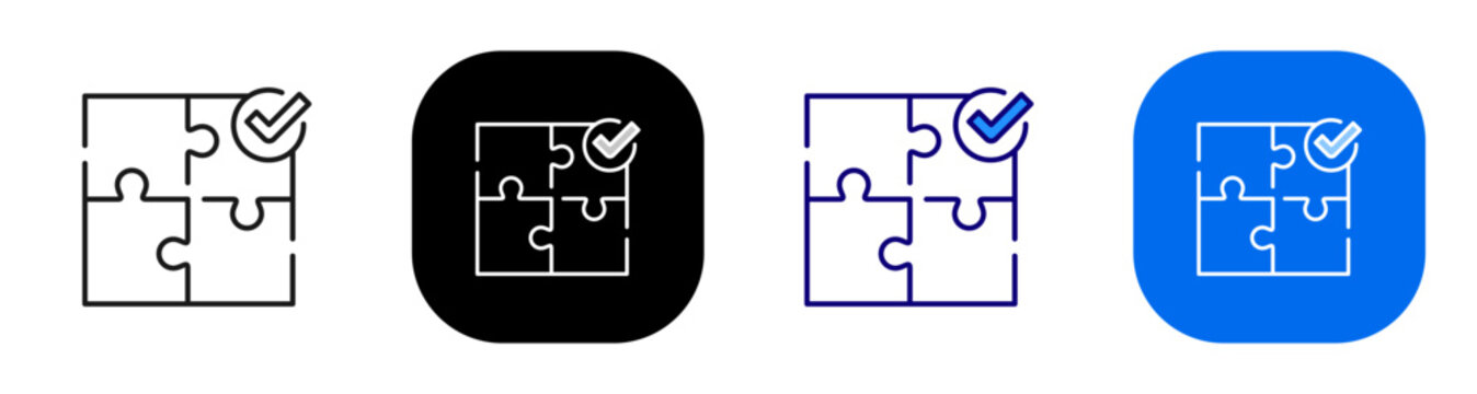 Puzzle check mark for solved challenge completion validation and integration. Line, filled, black, color set. Editable stroke