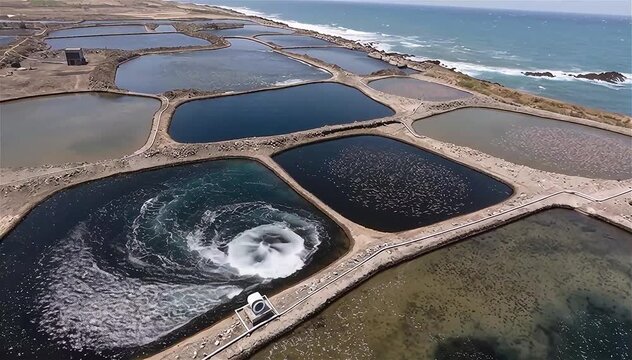 Aerial view of fish farm with ponds growing fish and shrimp and other seafood. Fish hatchery pond aerial view aquaculture with aerator pump oxygenation water near ocean.
