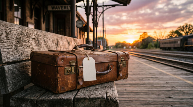 A Vintage Suitcase Awaits Departure: An old-fashioned, well-traveled suitcase sits patiently on a rustic wooden bench at a deserted train station.