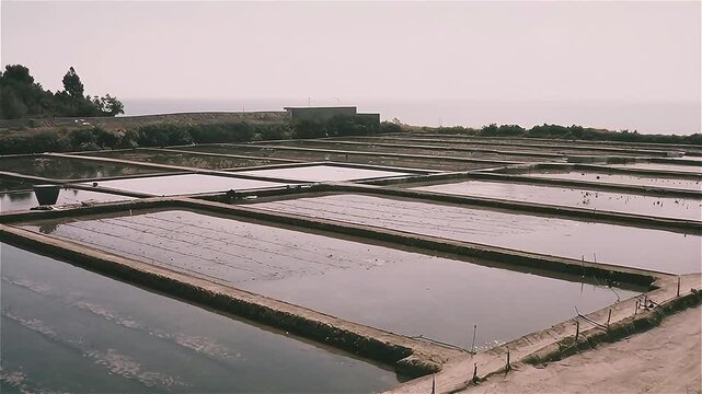Aerial view of fish farm with ponds growing fish and shrimp and other seafood. Fish hatchery pond aerial view aquaculture with aerator pump oxygenation water near ocean.
